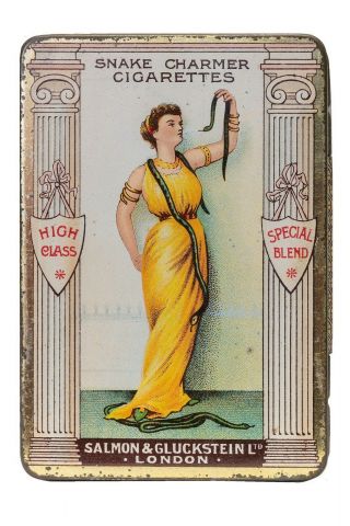 Rare 1910s English Litho " Snake Charmer " Hinged Cigarette Tin In Exc.  Cond.