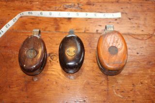 Vintage 3 Wooden Maritime Pulleys 2 W Tridents,  One Mb Brass And Wood