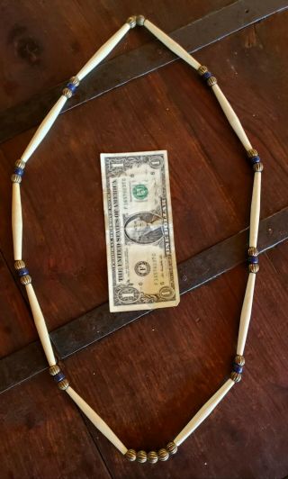 Old Antique Native American Indian Bone Hair Pipe Beaded Necklace Cobalt Blue