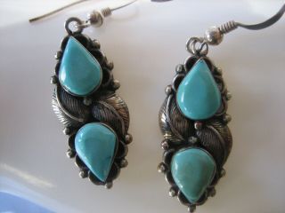 Estate Vintage Southwestern Old Pawn Sterling Silver Leaf Turquoise Earrings