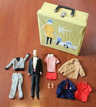 Vintage 1960 Ken Barbie Doll Mattel W/ Clothes Accessories & Gold Ponytail Case