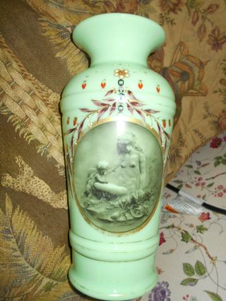 Antique French Baccarat Green Opaline Glass Portrait Vase Uranium Lg Art Glass