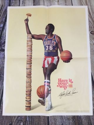 Vintage 1976 Burger King Poster With Harlem Globetrotters Meadow Lark Lemon 36