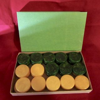 Vintage Crisloid Bakelite Backgammon Chips Green & Butterscotch Swirl Box 30