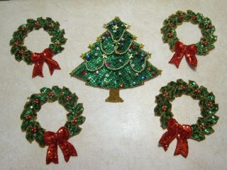 5 Vintage Christmas Tree Wreath Beaded Sequin Sew On Patches Decals Pp109