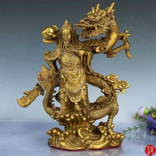 Chinese Folk Fengshui Brass Guan Gong Yu Warrior God Sword Dragon Statue 關公羽