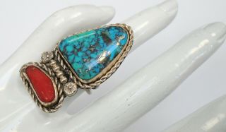 Very Fine Quality Large Vintage Navajo Sterling Silver,  Coral & Turquoise Ring