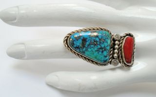 Very fine quality large vintage Navajo sterling silver,  coral & turquoise ring 2