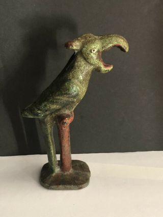 Vintage Cast Iron Figural Perched Parrot Bottle Opener Green & Red Great Patina