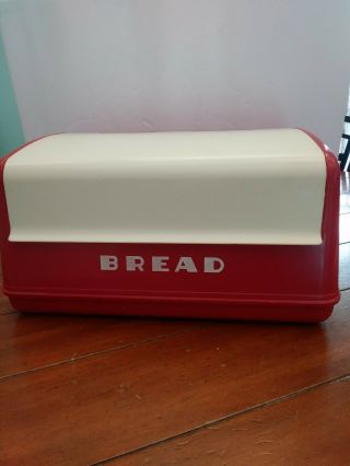Vintage Lustro - Ware Red And White Bread Box Bin Retro Kitchen Decor 14x 10x7.  5in