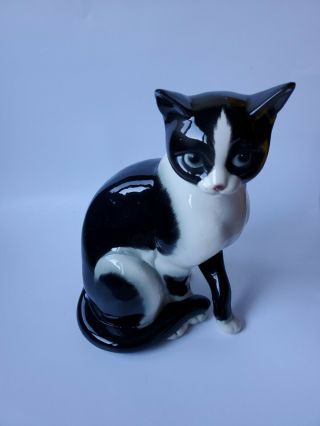 Vintage Goebel W.  Germany Ceramic Large 11 " Black White Cat Figurine Blue Eyes