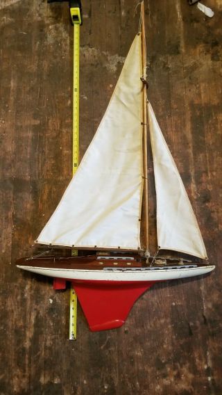Antique 1920s - 30s Keystone Wooden Pond Yacht Toy Model Sail Boat 24” Two Sails