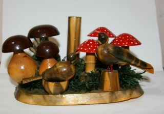 Rare Vintage German Hand Carved Wooden Candle/pen Holder,  Mushroom And Birds.