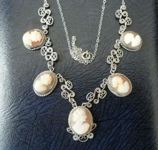 Vintage Jewellery Art Deco Silver Filigree Carved Shell Cameo X 5 Necklace