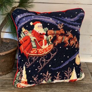 Vintage 12 " Needlepoint Santa Claus In Sleigh Reindeer Velvet Back Throw Pillow