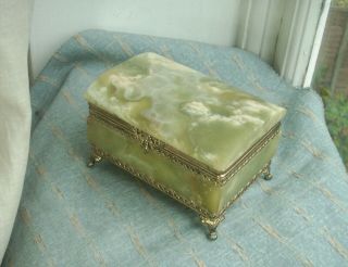 Old Vintage Green Onyx Marble Gold Plated Metal Victorian Style Jewel Box Casket
