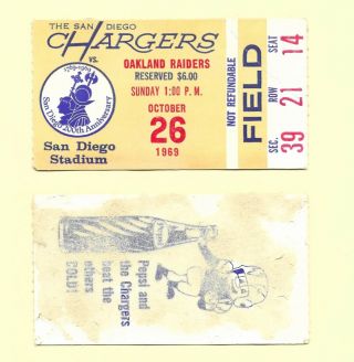 1969 Oakland Raiders Vs San Diego Chargers Afl Ticket Stub At San Diego Stadium