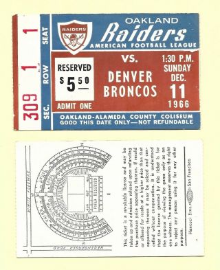 1966 Oakland Raiders Vs Denver Broncos Afl Ticket Stub At The Oakland Coliseum