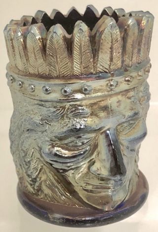 Vintage 1971 Blue Joe St Clair Indian Chief Head Carnival Glass Toothpick Holder
