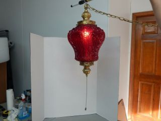 Vintage Mid Century Red Swag Hanging Light With Diffuser Glass Globe Art