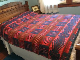 Vintage Cotton Camp Blanket “indian Blanket” Pattern Red Pink Blue Brown Use Cut
