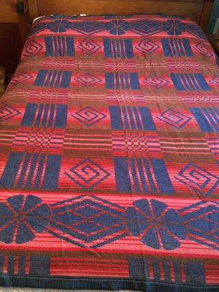 Vintage Cotton Camp Blanket “Indian Blanket” Pattern Red Pink Blue Brown Use Cut 2