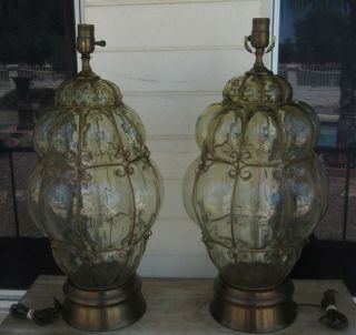 Pair Caged Glass Vintage Murano Italian Hollywood Regency Bombay Mcm Lamp Set