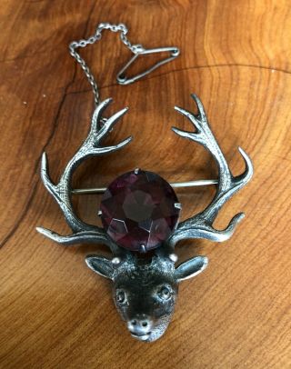 Antique Victorian Scottish Silver Stag Deer Head Antler Brooch