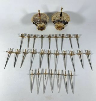 Vintage Toledo Spain Metal Sword Cocktail Toothpicks Skewers 27 Swords 2 Stands