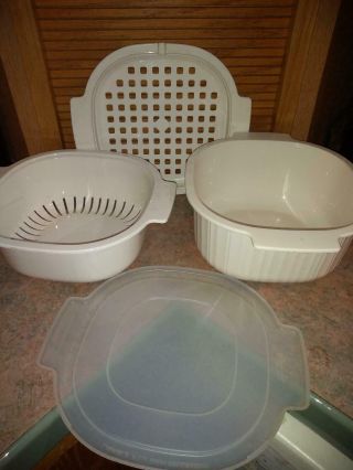 Vintage Rubbermaid Microwave Cookware - 3 Qt Dish,  Strainer,  Rack,  Cover - 4pc.