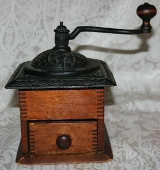Antique Vintage Coffee Grinder With Dovetail Wood & Cast Iron - Table Top Model