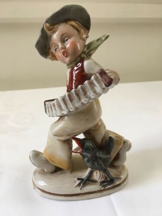 Vintage German Porcelain Figurine: Boy W/ Accordion & Bird