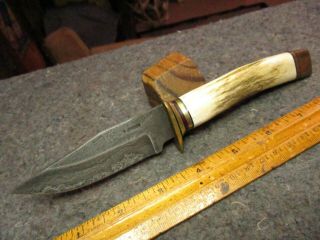Vintage Hunting Knife/custom R.  Johnson,  Damascus Blade Knife/bone Handle/minty