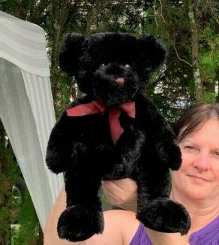 Rare Vintage Russ Benito Black Teddy Bear Burgandy Bow Plush Stuffed Animal Toy