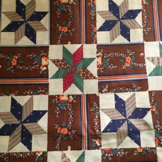 Vintage Cheater Quilt Fabric Browns Greens Stars 2 Yd 23 " X 45 "