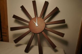 Vintage Mid Century Modern Atomic Starburst Metal & Wood Battery Wall Clock 17 "