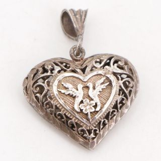Vtg Sterling Silver - Diamond Cut Birds Filigree Ornate Heart Pendant - 7g
