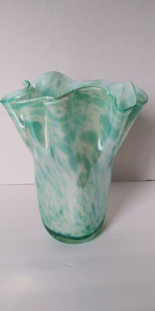 Vintage Murano Style Art Glass Ruffled Neck Blown Vase Aqua Green & White Swirl