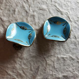 Vintage Mid Century Blue Ceramic Earrings Light And Clip Earrings.