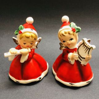 2 Vintage Napcoware Christmas Angels Playing Harp Flute Red White Figurine Japan