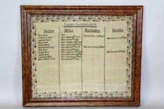 Rare Dated 1834 York Needlework Family Register Sampler Of Peter Ring Family