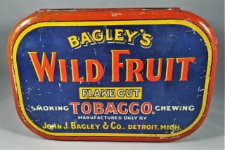 Vintage BAGLEY ' S WILD FRUIT Flake Cut Tin Litho Large Tobacco Tin Michigan 2