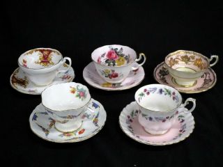 5 Assorted Vintage Fine Bone China Tea Cups & Saucers Hammersley Foley Adderley,