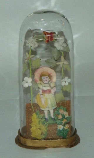 Antique Victorian Wax Figure Little Girl In A Garden Display Dome Whimsey