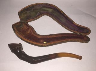 Antique Meerschaum Pipe Beautifully Toned With Real Amber Stem In Case 5 " L.