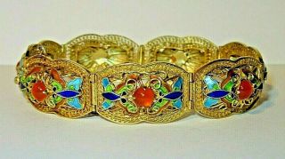 Vintage Chinese Export Silver Gilt Filigree Enamel & Cabochon Butterfly Bracelet