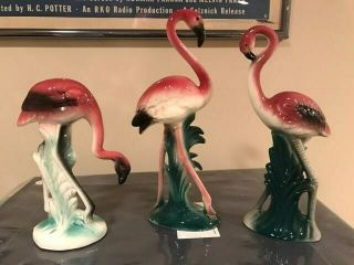 Set Of 3 Porcelain Pink Flamingo Ceramic Vintage Figurines 1940s - 50s Ex Cond