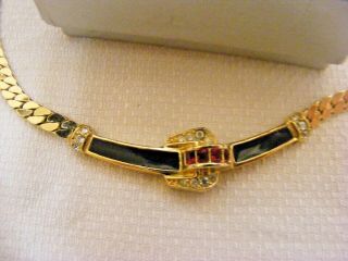 Vintage Christian Dior Necklace & Box Red Crystal Stones Black Enamel Gold Chain