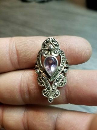 Vintage Sterling Silver Marcasite And Amethyst Ring 925