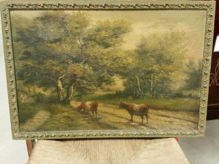 19thc Antique E.  Weber American Landscape Pastoral Oil O/c Painting Cows